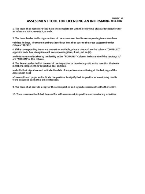 ASSESSMENT TOOL FOR LICENSING AN INFIRMARY.